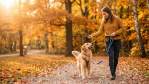Kobieta trenująca z psem rasy Golden Retriever na ścieżce w parku, nagradzająca go smakołykiem za chodzenie na luźnej smyczy