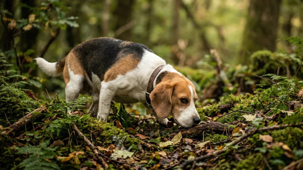 Pies rasy Beagle z nosem przy ziemi intensywnie węszy na leśnej ścieżce, prezentując swój niezwykły węch