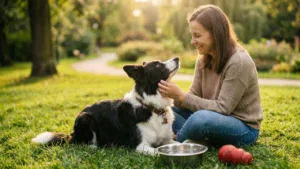 Uśmiechnięty pies rasy Border Collie siedzący obok swojego właściciela na trawie, patrzący z zaufaniem w jego stronę