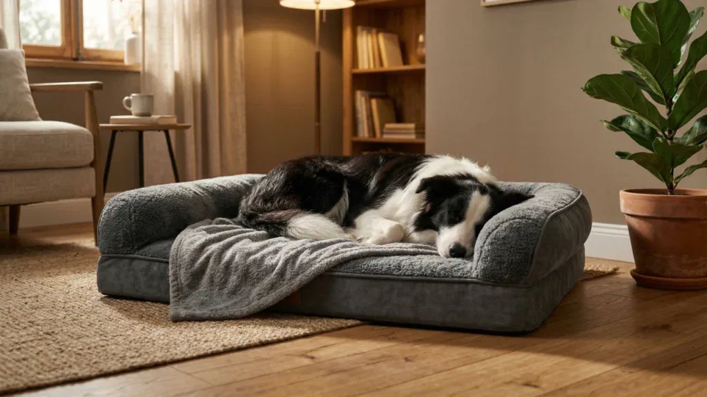 Śpiący, spokojny pies rasy Border Collie zwinięty w kłębek na miękkim, szarym legowisku typu oponka