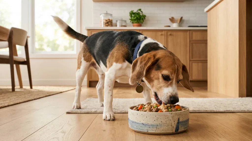 Szczęśliwy pies rasy Beagle zlizujący karmę mokrą z ceramicznej miski w nowoczesnej kuchni
