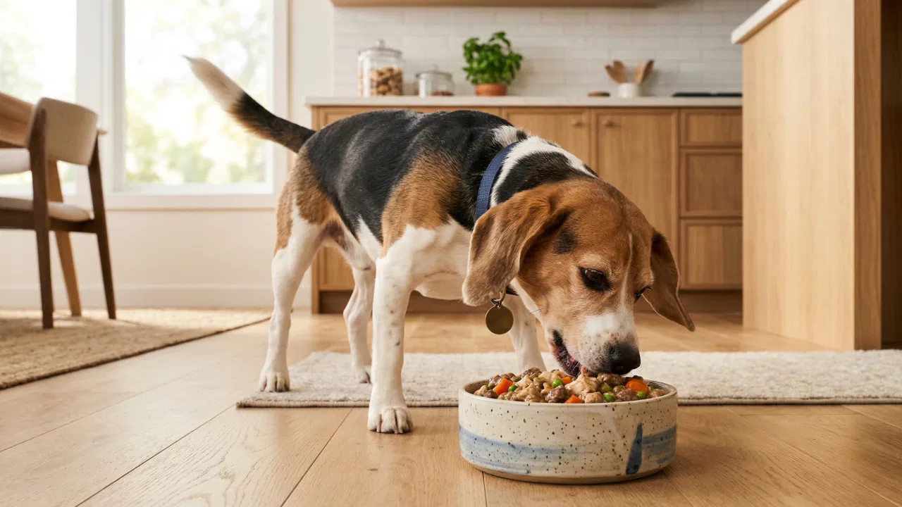 Szczęśliwy pies rasy Beagle zlizujący karmę mokrą z ceramicznej miski w nowoczesnej kuchni