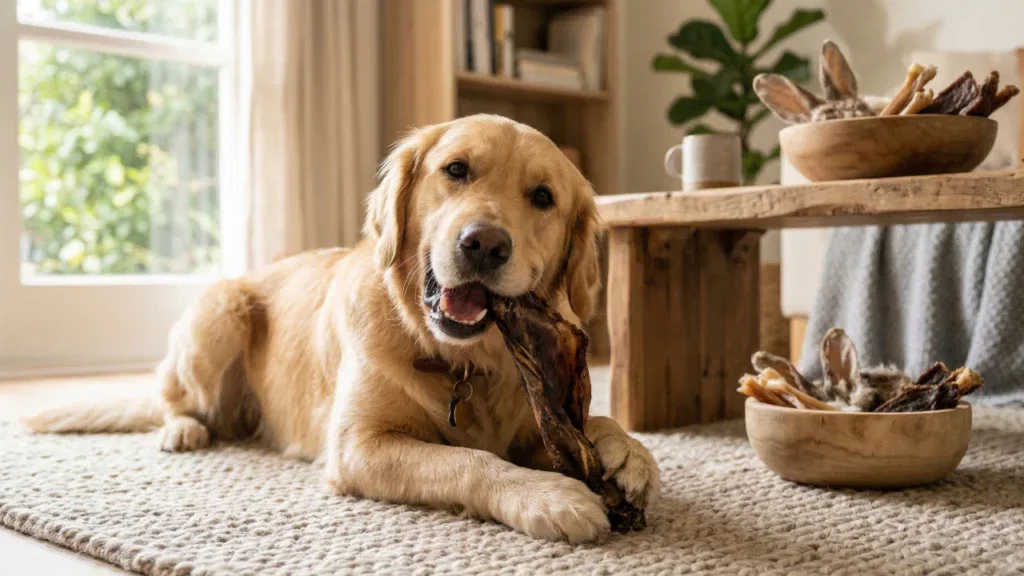 Szczęśliwy pies rasy Golden Retriever trzymający w pyszczku naturalne ucho wołowe na jasnym tle
