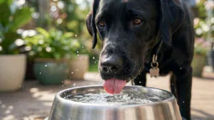 Bliskie ujęcie psa rasy Labrador pijącego świeżą wodę z metalowej miski na słonecznym tarasie