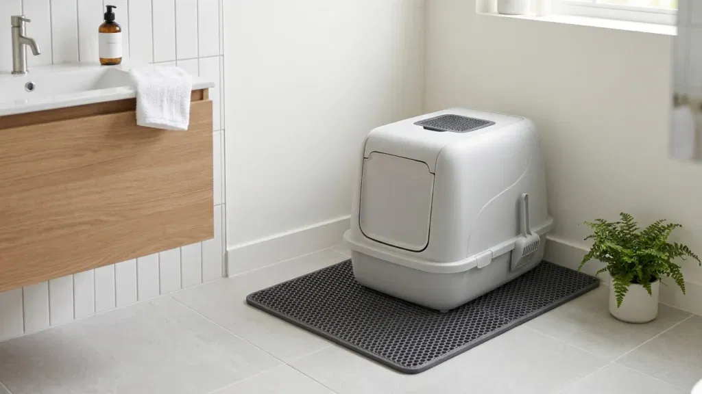 Nowoczesna, jasnoszara kuweta zamknięta dla kota postawiona na macie ograniczającej roznoszenie żwirku