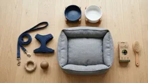 Ułożone na drewnianej podłodze akcesoria dla psa: szare legowisko, niebieskie miski, smycz, obroża oraz kilka gumowych zabawek