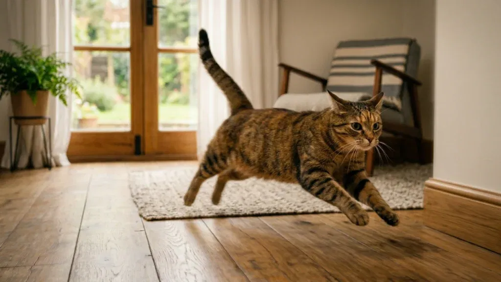 Rozmazany ruch kota biegnącego po salonie podczas nagłego ataku energii (zoomies)