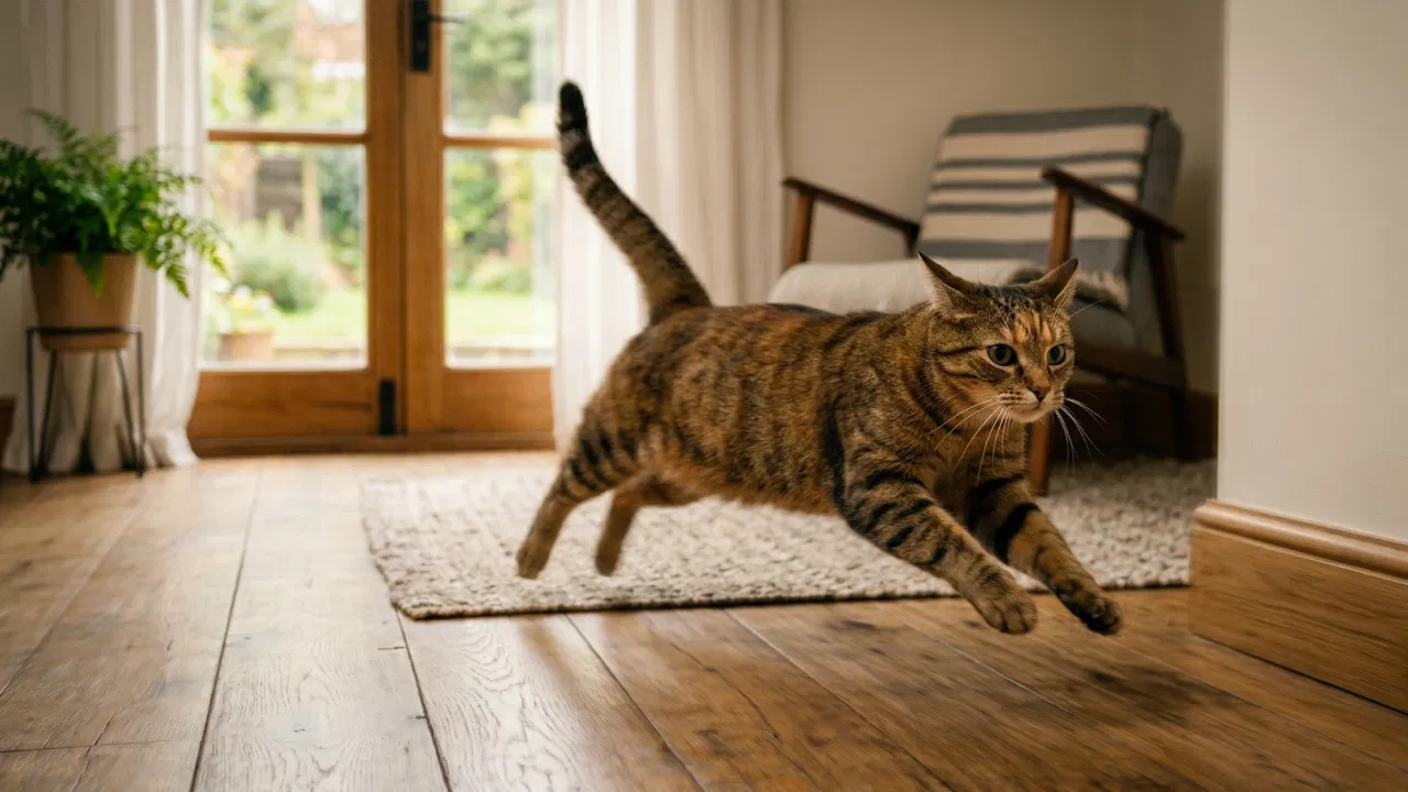 Rozmazany ruch kota biegnącego po salonie podczas nagłego ataku energii (zoomies)