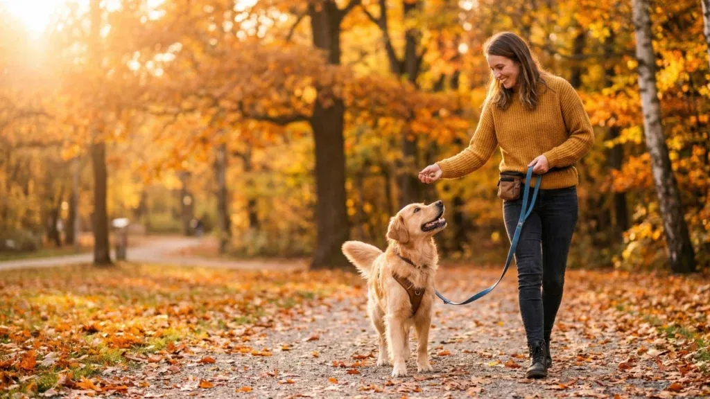 Kobieta trenująca z psem rasy Golden Retriever na ścieżce w parku, nagradzająca go smakołykiem za chodzenie na luźnej smyczy
