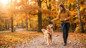 Kobieta trenująca z psem rasy Golden Retriever na ścieżce w parku, nagradzająca go smakołykiem za chodzenie na luźnej smyczy