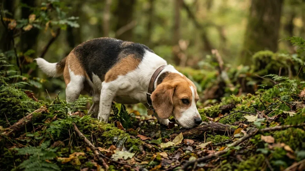 Pies rasy Beagle z nosem przy ziemi intensywnie węszy na leśnej ścieżce, prezentując swój niezwykły węch