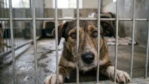 Smutny, ale pełen nadziei pies o brązowych oczach patrzący zza krat schroniskowego boksu