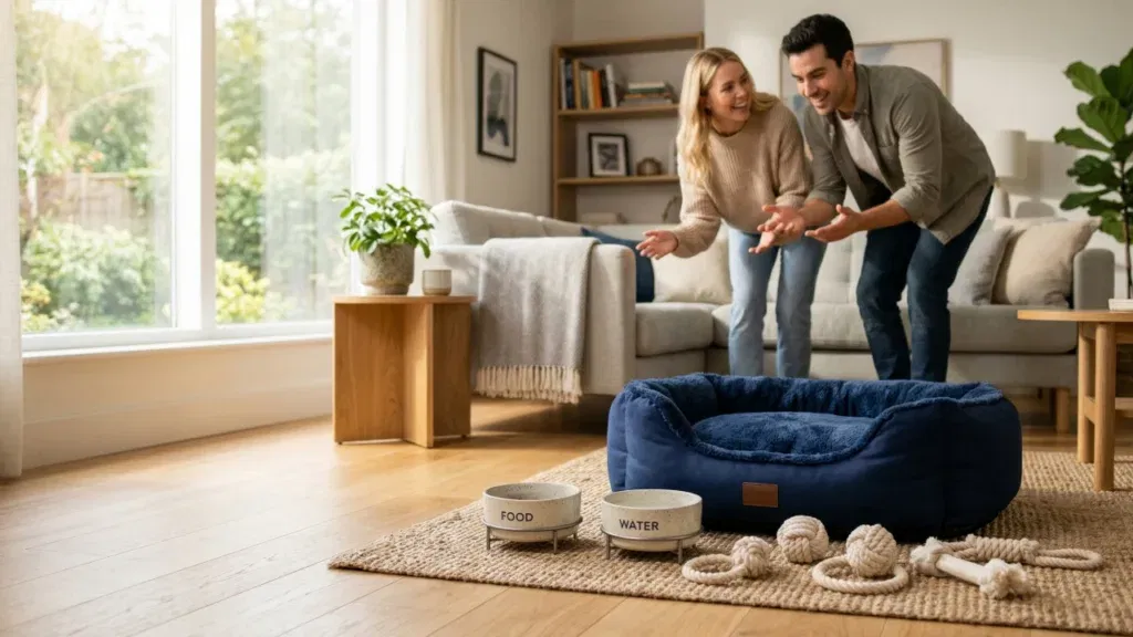 Para młodych ludzi siedząca na podłodze w salonie, przygotowująca legowisko i miski dla swojego pierwszego szczeniaka