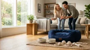 Para młodych ludzi siedząca na podłodze w salonie, przygotowująca legowisko i miski dla swojego pierwszego szczeniaka