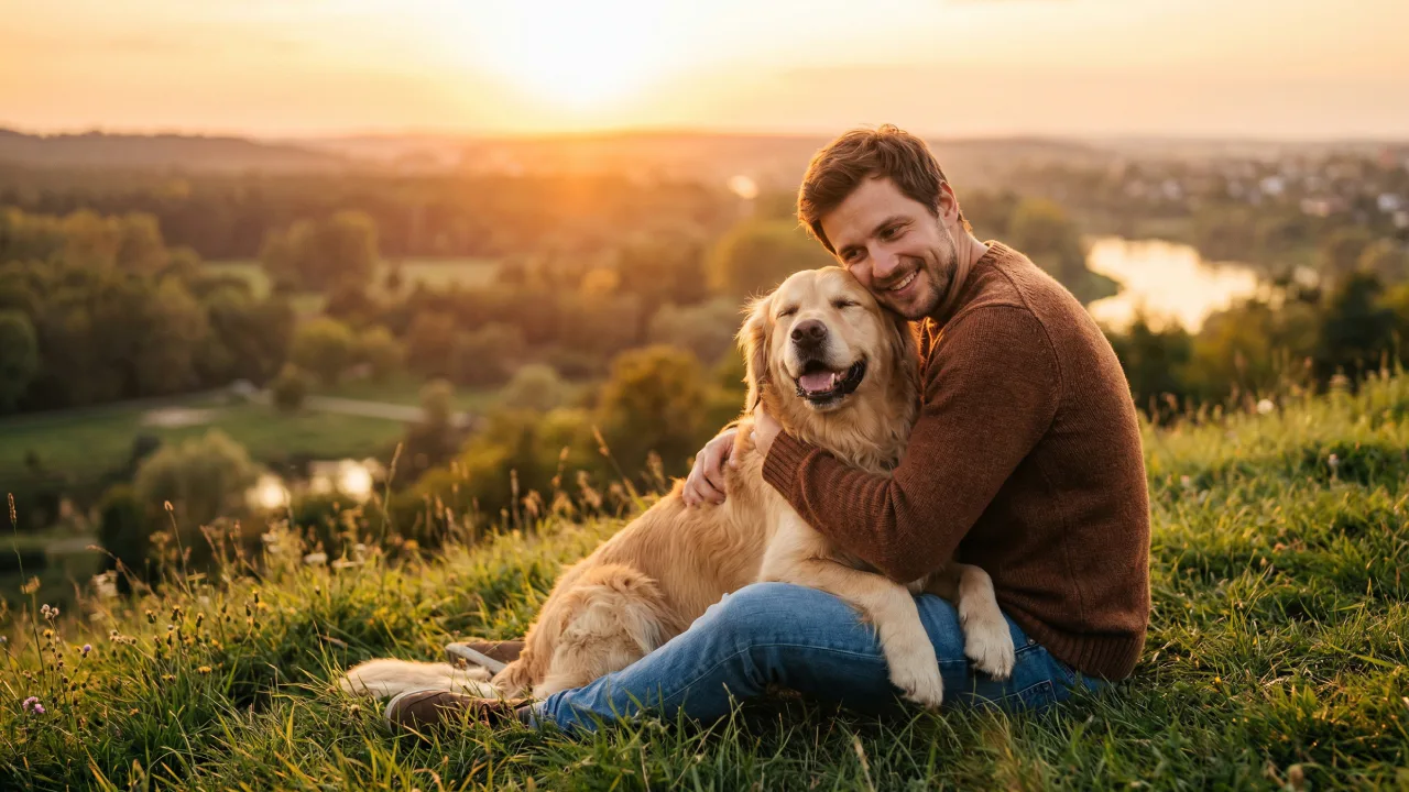 Mężczyzna siedzący na trawie, obejmujący swojego psa rasy Golden Retriever, obaj wyglądają na bardzo szczęśliwych