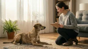 Behawiorysta siedzący na podłodze z psem, spokojnie obserwujący jego zachowanie i robiący notatki podczas wizyty domowej