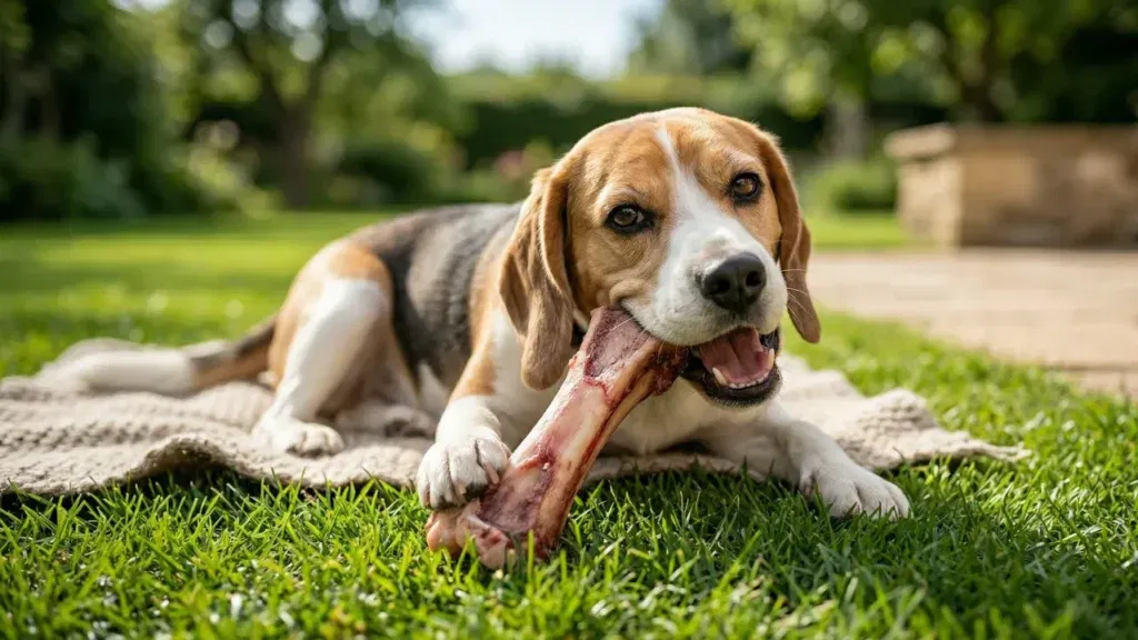 Pies rasy Golden Retriever trzymający w pyskach dużą, surową kość wołową, leżący na trawie w ogrodzie
