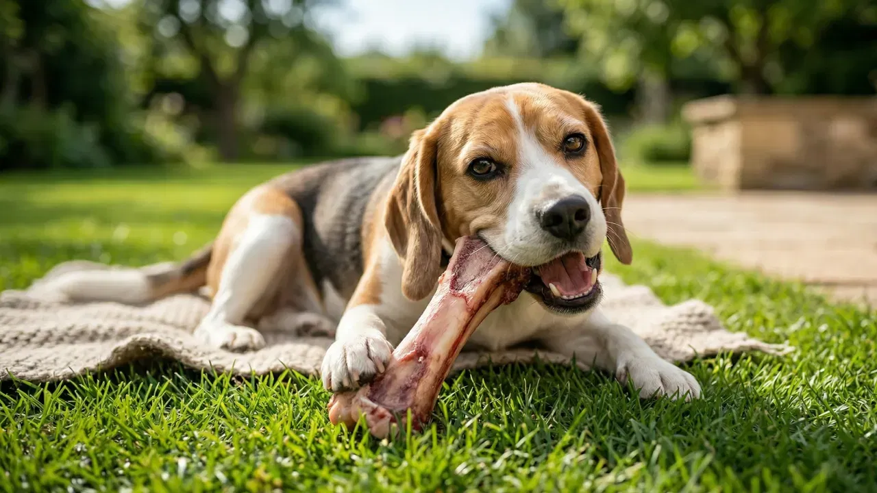Pies rasy Golden Retriever trzymający w pyskach dużą, surową kość wołową, leżący na trawie w ogrodzie