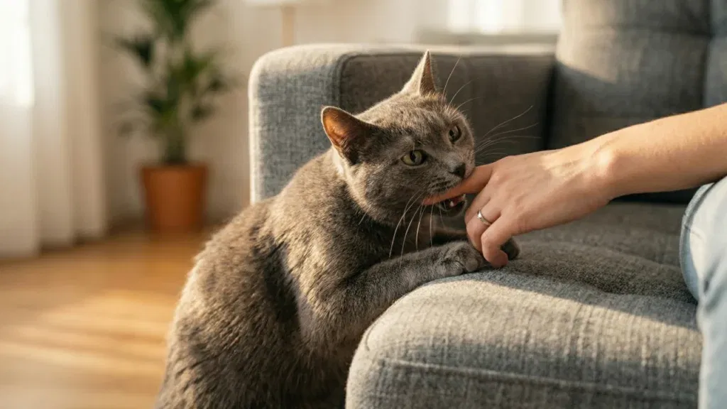 Kot domowy trzymający zębami ludzką dłoń w trakcie zabawy na dywanie