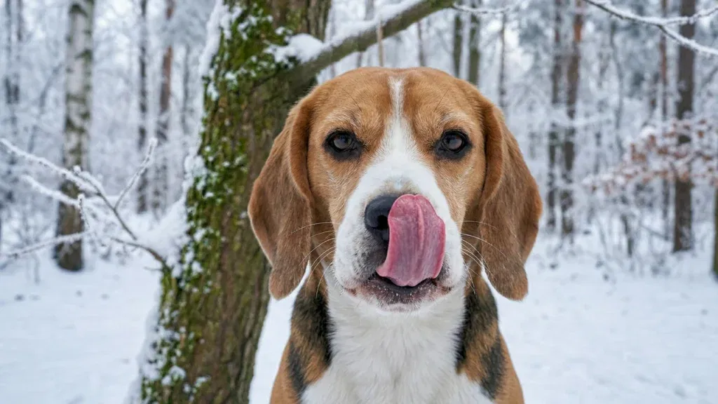 Bliskie ujęcie psa, który oblizuje nos, wysyłając sygnał uspokajający w odpowiedzi na zbyt bliski kontakt
