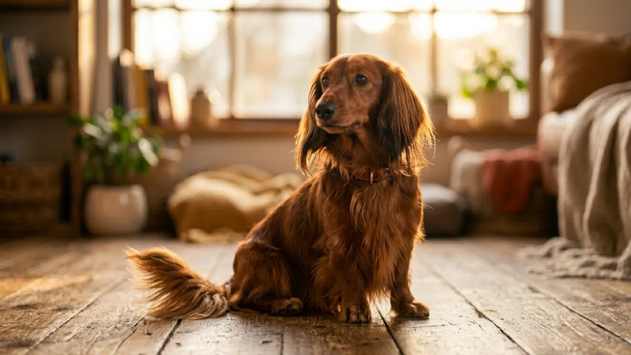 Elegancki jamnik długowłosy o rdzawym umaszczeniu, siedzący na drewnianym tarasie, prezentujący lśniącą sierść i frędzle na uszach
