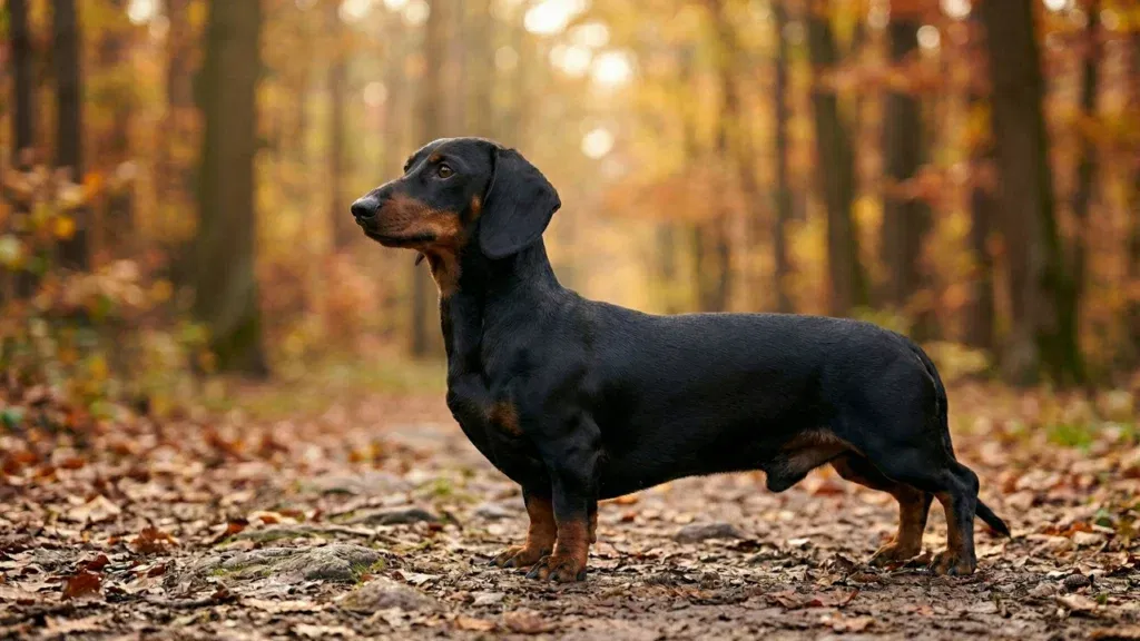 Jamnik krótkowłosy o podpalanym umaszczeniu, prezentujący wzorcową sylwetkę i lśniącą szatę na tle jesiennego parku