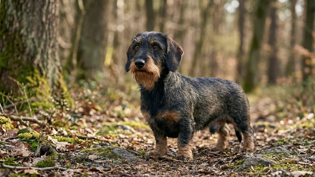 Charakterystyczny jamnik szorstkowłosy o umaszczeniu dziczym, z widoczną brodą i krzaczastymi brwiami, patrzący bystro w obiektyw