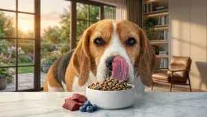 Pies patrzący z wyczekiwaniem na miskę z karmą monobiałkową, obok której leży świeży kawałek mięsa z kaczki