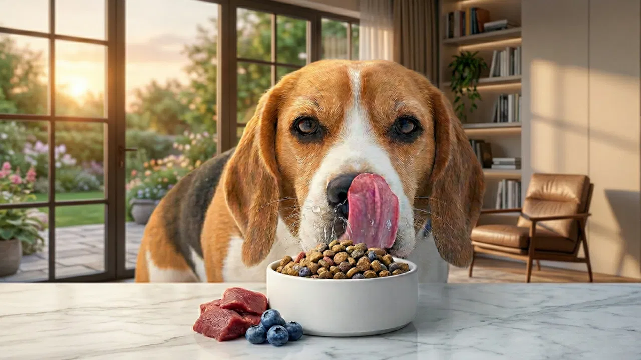 Pies patrzący z wyczekiwaniem na miskę z karmą monobiałkową, obok której leży świeży kawałek mięsa z kaczki