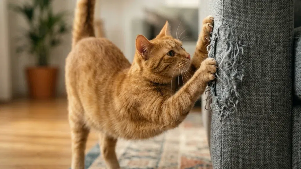 Rudy kot intensywnie drapiący bok szarej kanapy w nowoczesnym salonie