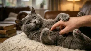 Zbliżenie na kota trzymającego ludzką rękę przednimi łapami podczas próby głaskania go po brzuchu
