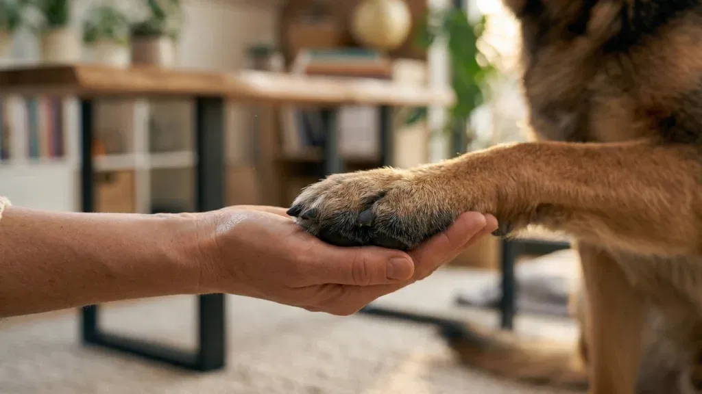 Bliskie ujęcie dłoni właściciela, na której duży pies rasy owczarek kładzie swoją łapę w geście powitania i współpracy