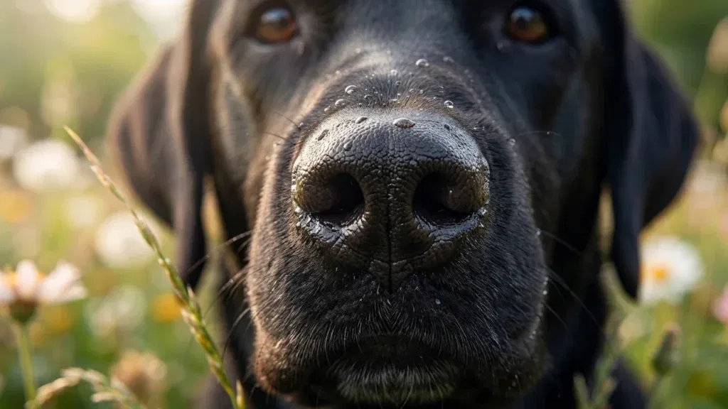 Bliskie ujęcie psiego nosa z kropelkami rosy, symbolizujące niesamowitą czułość węchu i zdolności poznawcze psów