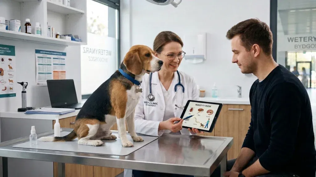 Lekarz weterynarii badający psa i wyjaśniający właścicielowi proces odrobaczania w nowoczesnym gabinecie