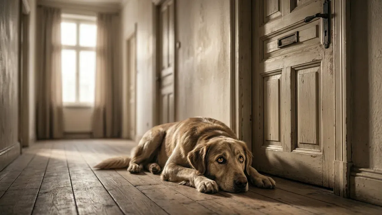 Smutny pies leżący na dywaniku przy drzwiach wejściowych, czekający na powrót swojego właściciela