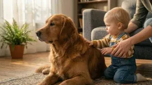 Rodzic nadzorujący interakcję dziecka z psem, uczący malucha delikatnego dotykania zwierzęcia w sposób bezpieczny
