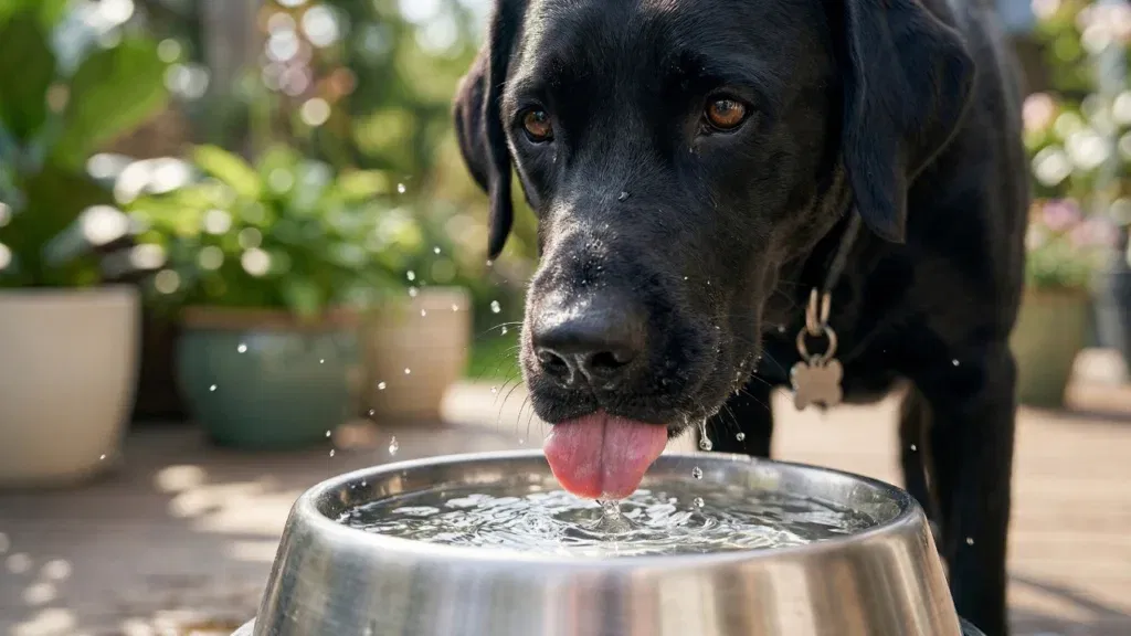 Bliskie ujęcie psa rasy Labrador pijącego świeżą wodę z metalowej miski na słonecznym tarasie