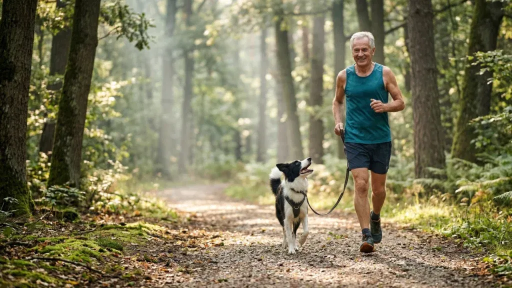 Starszy mężczyzna na spacerze w lesie z radosnym psem, obaj cieszący się aktywnością na świeżym powietrzu