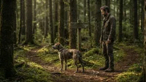 Pies na długiej, luźnej smyczy stojący na rozwidleniu dróg w lesie, decydujący o dalszym kierunku spaceru, podczas gdy właściciel cierpliwie czeka