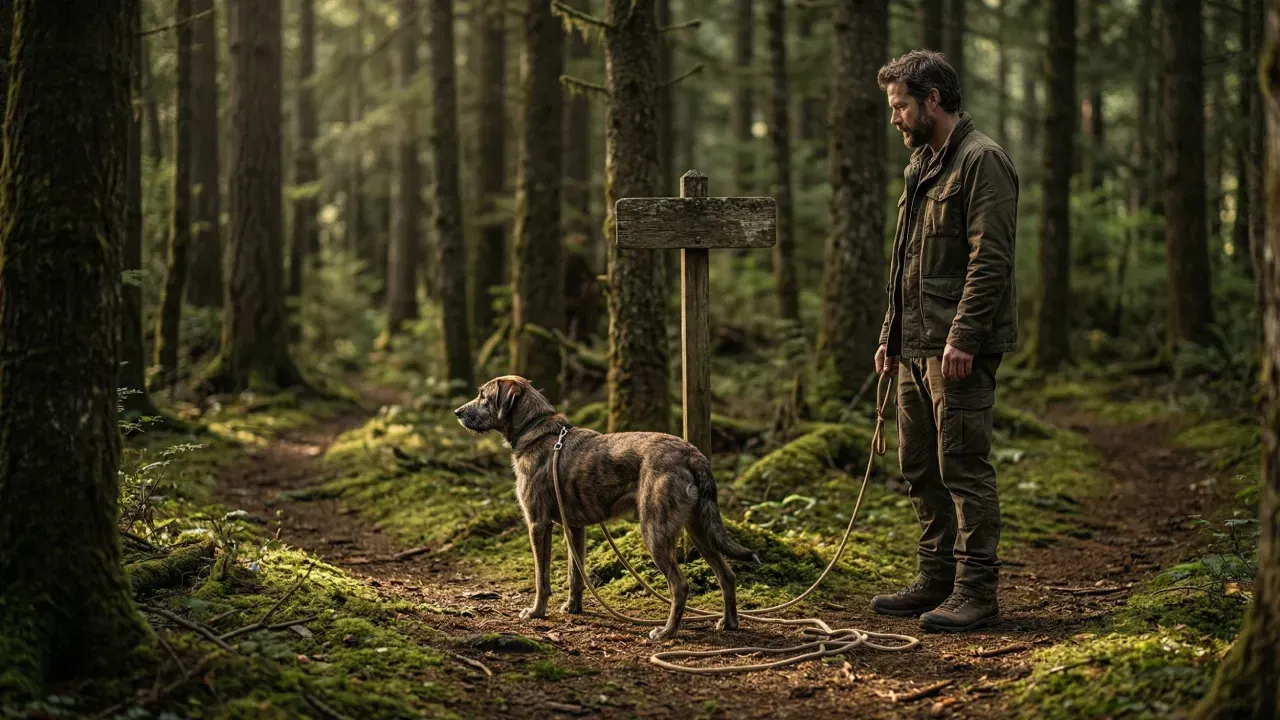 Pies na długiej, luźnej smyczy stojący na rozwidleniu dróg w lesie, decydujący o dalszym kierunku spaceru, podczas gdy właściciel cierpliwie czeka