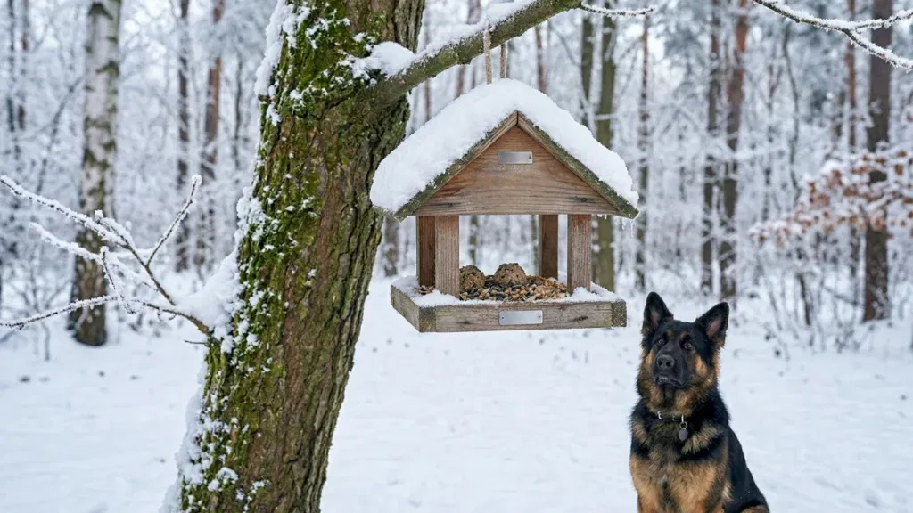 Drewniany karmnik pełen ziaren słonecznika, przy którym w zimowej scenerii pożywiają się sikorki