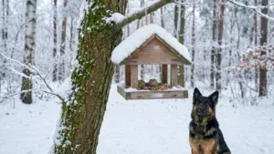 Drewniany karmnik pełen ziaren słonecznika, przy którym w zimowej scenerii pożywiają się sikorki