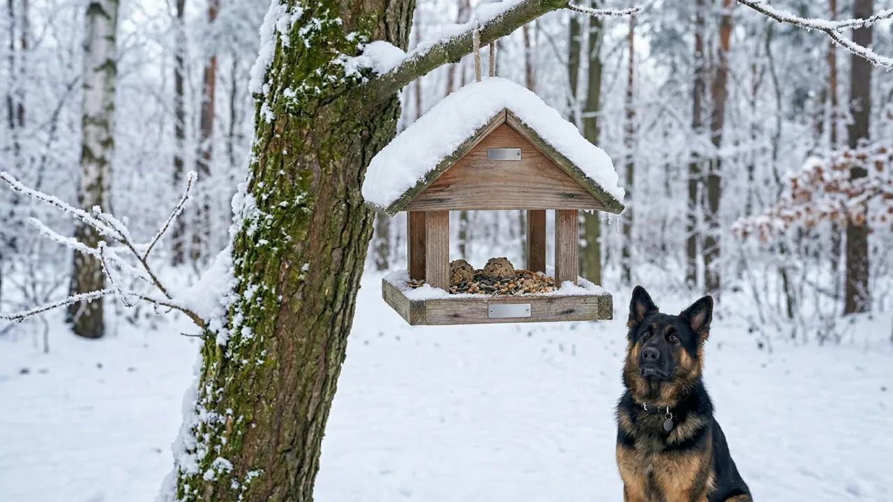 Drewniany karmnik pełen ziaren słonecznika, przy którym w zimowej scenerii pożywiają się sikorki
