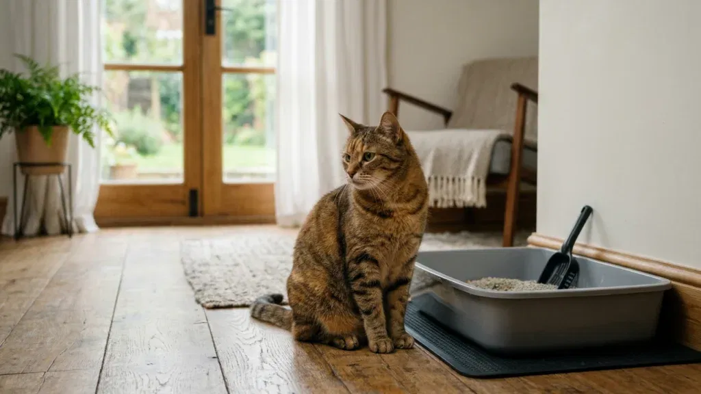 Smutny kot siedzący na podłodze obok czystej, ale pustej kuwety w jasnym pokoju