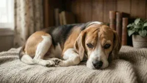 Smutny pies rasy Beagle leżący z głową na łapach, pokazujący mową ciała oznaki dyskomfortu i apatii