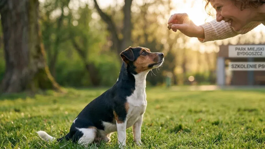 Pies rasy Jack Russell Terrier siedzący uważnie przed swoim właścicielem i czekający na nagrodę podczas nauki komendy siad