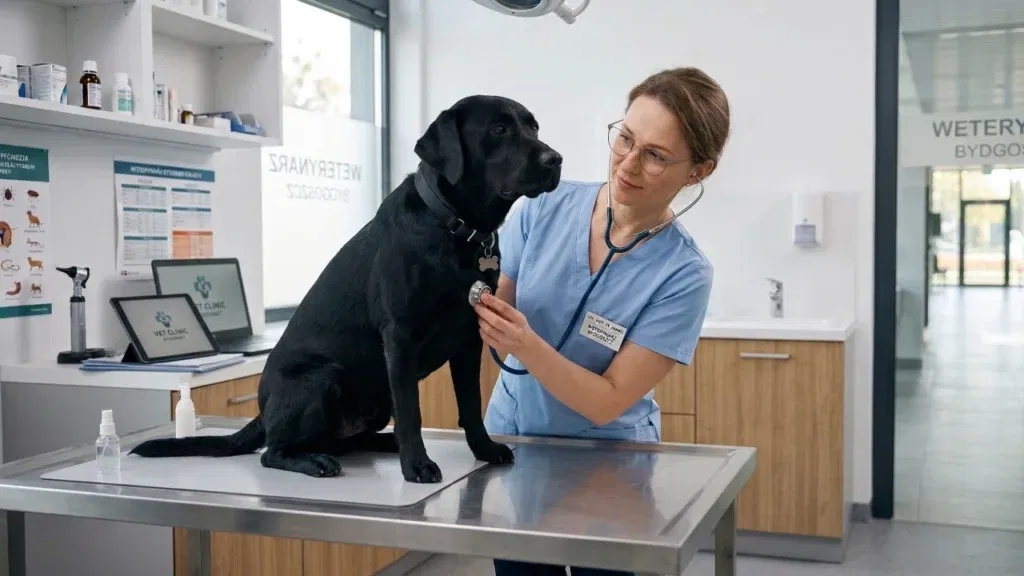 Lekarz weterynarii badający stetoskopem spokojnego psa rasy Labrador na stole w profesjonalnym gabinecie